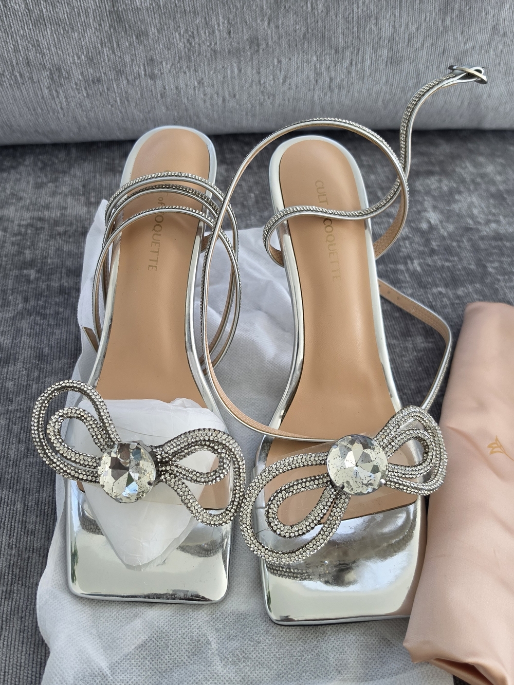 Glimmer Bow Silver Strappy High-Heel Sandals